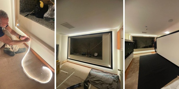 Instalación de cine en casa con pantalla 3 m y sistema Hue Sync personalizado