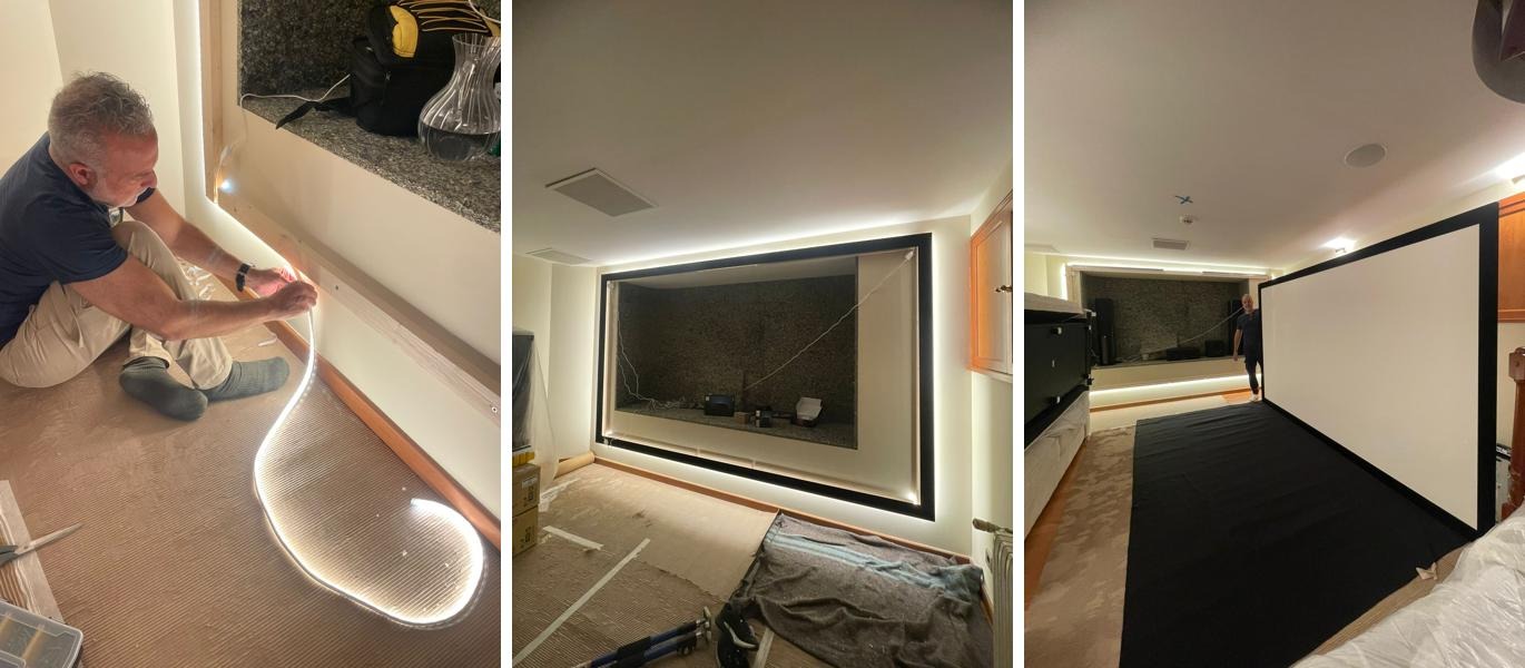 Instalación de cine en casa con pantalla 3 m y sistema Hue Sync personalizado